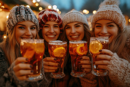 Happy friends having fun drinking mulled wine and hot chocolate at Christmas Market - Cheerful young people enjoying winter holidays on weekend vacation - Tourism lifestyle and friendship conceptの素材