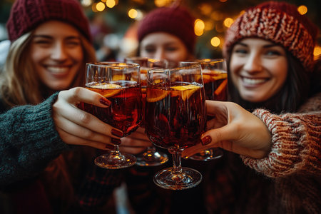Happy friends having fun drinking mulled wine and hot chocolate at Christmas Market - Cheerful young people enjoying winter holidays on weekend vacation - Tourism lifestyle and friendship conceptの素材