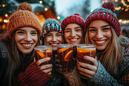 Happy friends having fun drinking mulled wine and hot chocolate at Christmas Market - Cheerful young people enjoying winter holidays on weekend vacation - Tourism lifestyle and friendship conceptの素材