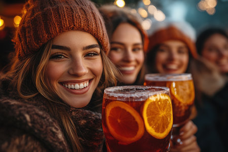 Happy friends having fun drinking mulled wine and hot chocolate at Christmas Market - Cheerful young people enjoying winter holidays on weekend vacation - Tourism lifestyle and friendship conceptの素材