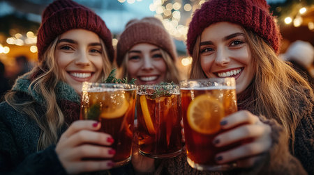 Happy friends having fun drinking mulled wine and hot chocolate at Christmas Market - Cheerful young people enjoying winter holidays on weekend vacation - Tourism lifestyle and friendship conceptの素材
