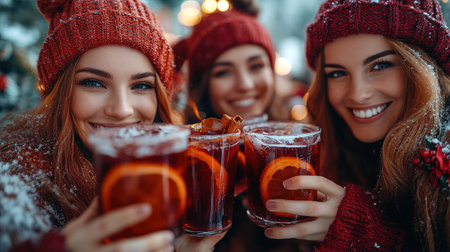 Happy friends having fun drinking mulled wine and hot chocolate at Christmas Market - Cheerful young people enjoying winter holidays on weekend vacation - Tourism lifestyle and friendship conceptの素材