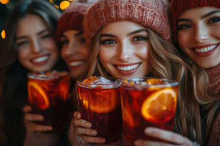 Happy friends having fun drinking mulled wine and hot chocolate at Christmas Market - Cheerful young people enjoying winter holidays on weekend vacation - Tourism lifestyle and friendship conceptの素材