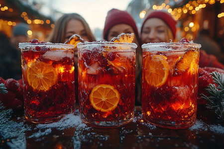 Happy friends having fun drinking mulled wine and hot chocolate at Christmas Market - Cheerful young people enjoying winter holidays on weekend vacation - Tourism lifestyle and friendship conceptの素材
