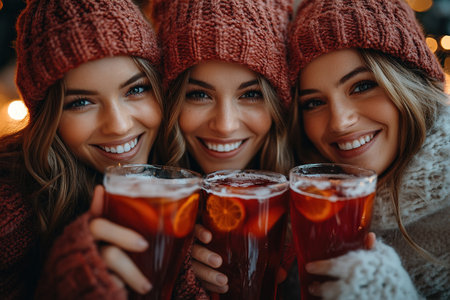 Happy friends having fun drinking mulled wine and hot chocolate at Christmas Market - Cheerful young people enjoying winter holidays on weekend vacation - Tourism lifestyle and friendship conceptの素材