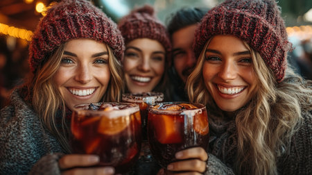 Happy friends having fun drinking mulled wine and hot chocolate at Christmas Market - Cheerful young people enjoying winter holidays on weekend vacation - Tourism lifestyle and friendship conceptの素材