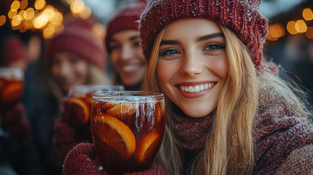 Happy friends having fun drinking mulled wine and hot chocolate at Christmas Market - Cheerful young people enjoying winter holidays on weekend vacation - Tourism lifestyle and friendship conceptの素材
