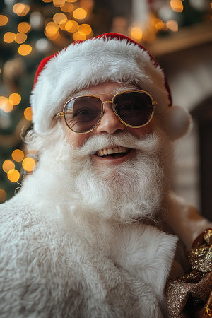 Cool and cheerful Santa Claus sings and dances on a bright background in sunglasses and headphones.の素材