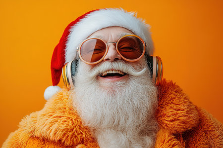 Cool and cheerful Santa Claus sings and dances on a bright background in sunglasses and headphones.の素材