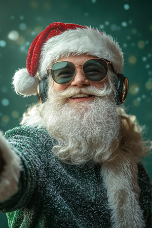 Cool and cheerful Santa Claus sings and dances on a bright background in sunglasses and headphones.の素材