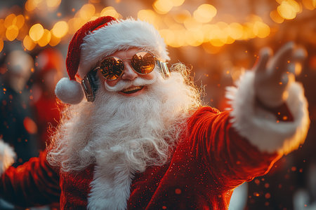 Cool and cheerful Santa Claus sings and dances on a bright background in sunglasses and headphones.の素材