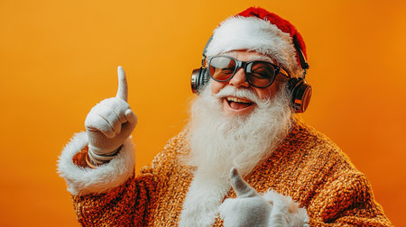 Cool and cheerful Santa Claus sings and dances on a bright background in sunglasses and headphones.の素材
