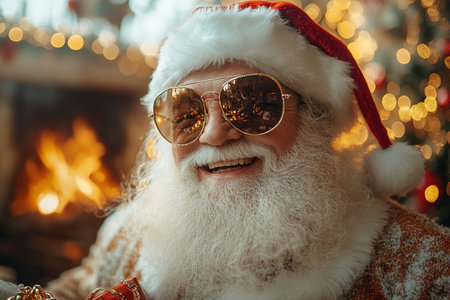 Cool and cheerful Santa Claus sings and dances on a bright background in sunglasses and headphones.の素材