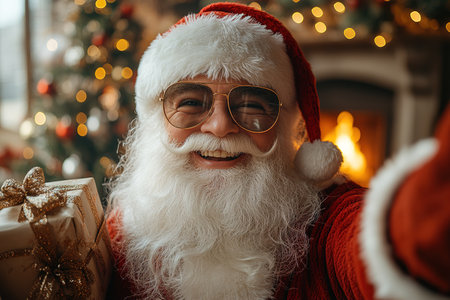 Cool and cheerful Santa Claus sings and dances on a bright background in sunglasses and headphones.の素材