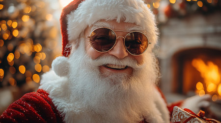 Cool and cheerful Santa Claus sings and dances on a bright background in sunglasses and headphones.の素材