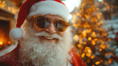 Cool and cheerful Santa Claus sings and dances on a bright background in sunglasses and headphones.の素材