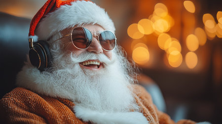 Cool and cheerful Santa Claus sings and dances on a bright background in sunglasses and headphones.の素材