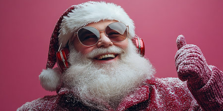 Cool and cheerful Santa Claus sings and dances on a bright background in sunglasses and headphones.の素材