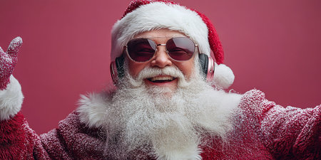 Cool and cheerful Santa Claus sings and dances on a bright background in sunglasses and headphones.の素材