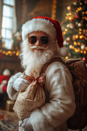 Cool and cheerful Santa Claus sings and dances on a bright background in sunglasses and headphones.の素材