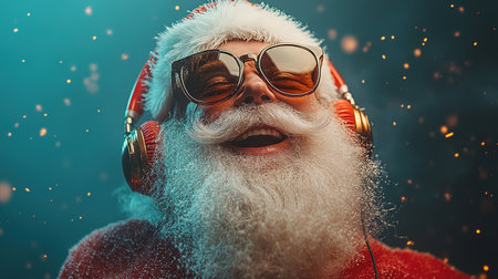 Cool and cheerful Santa Claus sings and dances on a bright background in sunglasses and headphones.の素材