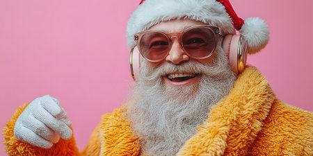 Cool and cheerful Santa Claus sings and dances on a bright background in sunglasses and headphones.の素材