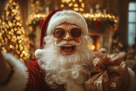 Cool and cheerful Santa Claus sings and dances on a bright background in sunglasses and headphones.の素材