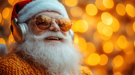 Cool and cheerful Santa Claus sings and dances on a bright background in sunglasses and headphones.の素材