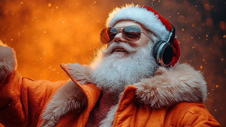 Cool and cheerful Santa Claus sings and dances on a bright background in sunglasses and headphones.の素材