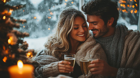 A couple in love is sitting in a cozy house near a decorated Christmas tree for the new year and drinking champagne wrapped in a warm blanket in winter.の素材