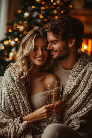 A couple in love is sitting in a cozy house near a decorated Christmas tree for the new year and drinking champagne wrapped in a warm blanket in winter.の素材