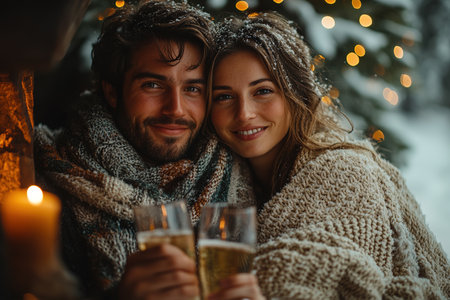 A couple in love is sitting in a cozy house near a decorated Christmas tree for the new year and drinking champagne wrapped in a warm blanket in winter.の素材