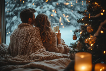 A couple in love is sitting in a cozy house near a decorated Christmas tree for the new year and drinking champagne wrapped in a warm blanket in winter.の素材