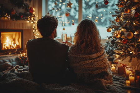 A couple in love is sitting in a cozy house near a decorated Christmas tree for the new year and drinking champagne wrapped in a warm blanket in winter.の素材
