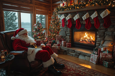 Santa Claus with cup of hot cocoa and cookies in room on Christmas Eve.の素材