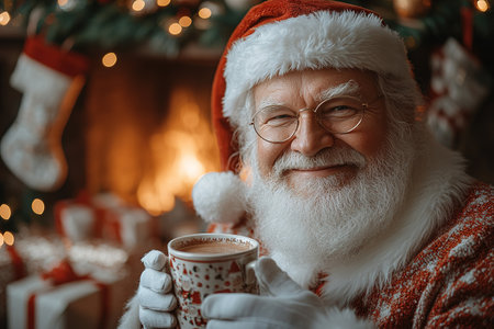 Santa Claus with cup of hot cocoa and cookies in room on Christmas Eve.の素材