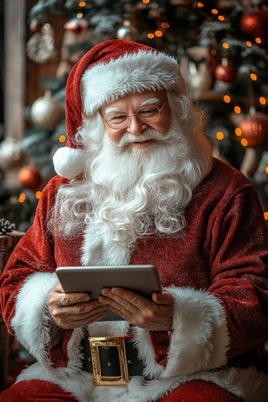 Santa Claus holding a Pc Tablet Reading Messages Online. Happy Santa buying his presents online paying with e-banking serviceの素材