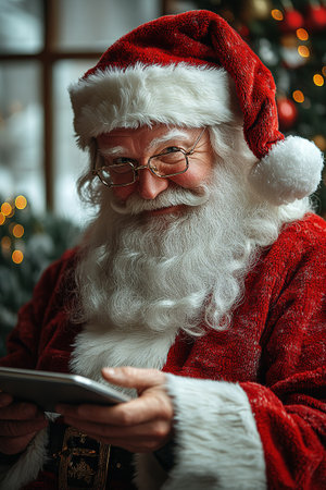 Santa Claus holding a Pc Tablet Reading Messages Online. Happy Santa buying his presents online paying with e-banking serviceの素材