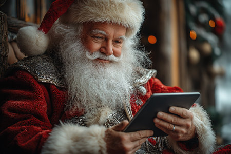 Santa Claus holding a Pc Tablet Reading Messages Online. Happy Santa buying his presents online paying with e-banking serviceの素材