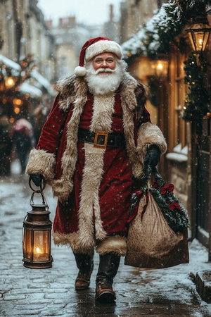 Vintage Santa tries his bag with gifts. Christmas celebration, miracle, gift to good and nice children concept.の素材