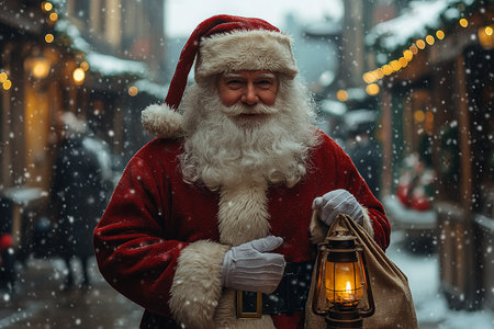 Vintage Santa tries his bag with gifts. Christmas celebration, miracle, gift to good and nice children concept.の素材