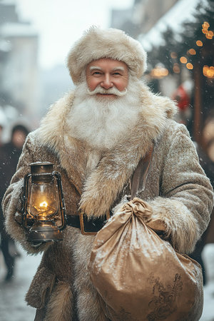 Vintage Santa tries his bag with gifts. Christmas celebration, miracle, gift to good and nice children concept.の素材