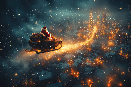 Santa Claus on his sleigh, pulled by reindeer, flying at night to deliver gifts.の素材