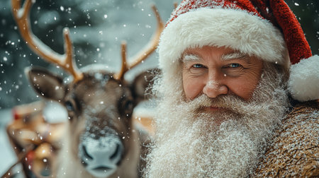 Santa Claus standing with his reindeer.の素材