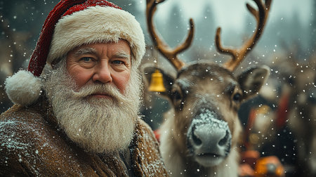 Santa Claus standing with his reindeer.の素材