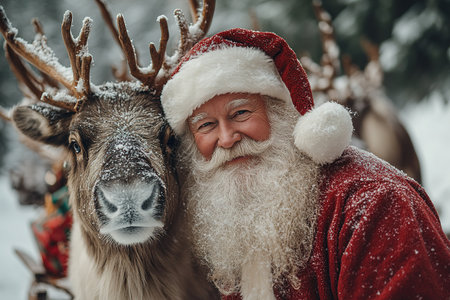 Santa Claus standing with his reindeer.の素材