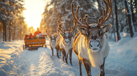 Santa Claus standing with his reindeer.の素材