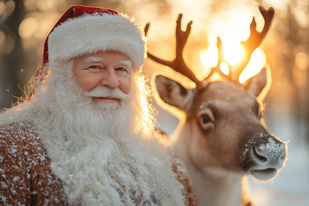 Santa Claus standing with his reindeer.の素材