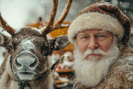 Santa Claus standing with his reindeer.の素材