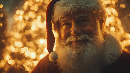 Close up shot of senior bearded man in santa clause outfit carrying gift boxes, christmas spirit, holiday moodの素材